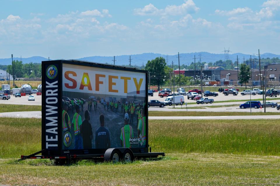 Jun 30, 2022; McDermott, OH, USA;  A safety sign sits outside the Portsmouth Gaseous Diffusion Plant on June 30, 2022. Numerous former employees became sick and even died as a result of working at the former government nuclear facility. Mandatory Credit: Adam Cairns-The Columbus Dispatch