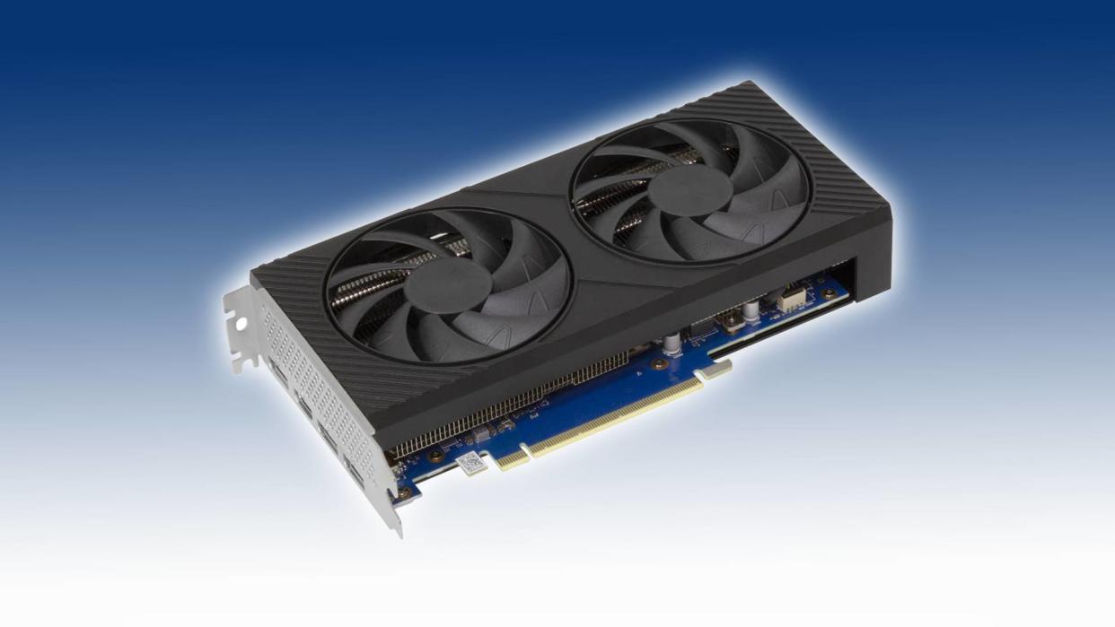  Kuroutoshikou Arc A750 graphics card with blue backdrop 