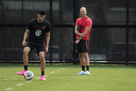 United States men's national soccer team head coach Gregg Berhalter watches practice Monday, Sept. 4, 2023, in St. Louis. The U.S. is set to play a friendly against Uzbekistan this Saturday in St. Louis. (AP Photo/Jeff Roberson)
