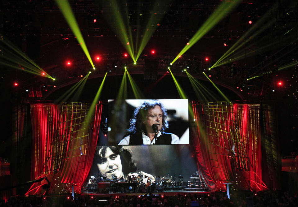 Donovan Leitch performs after his induction into the Rock and Roll Hall of Fame Saturday, April 14, 2012, in Cleveland. (AP Photo/Tony Dejak)