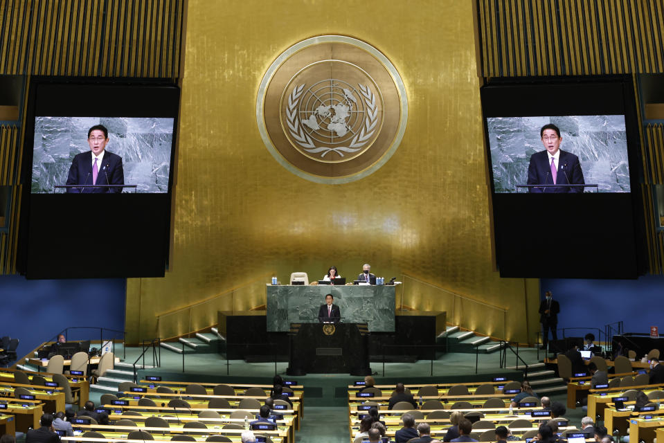 FILE - Prime Minister of Japan Fumio Kishida addresses the 77th session of the United Nations General Assembly, at U.N. headquarters, Tuesday, Sept. 20, 2022. Kishida and South Korean President Yoon Suk Yeol agreed to accelerate efforts to mend ties frayed over Japan’s past colonial rule of the Korean Peninsula as they held their countries' first summit talks in nearly three years on the sidelines of the U.N. General Assembly in New York, Seoul officials said Thursday, Sept. 21, 2022 .(AP Photo/Jason DeCrow, File)