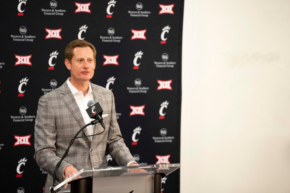 Cincinnati Bearcats athletic director John Cunningham speaks during a press conference at the Lindner Center in Cincinnati on Wednesday, June 21, 2023. 