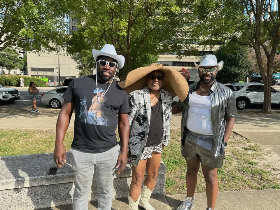 (From left to right) Torrey Dixon, Tommy Bennett and Jamar Holloway are ready for Beyoncé at Bank of America Stadium in Charlotte on Wendesday, August 9, 2023.