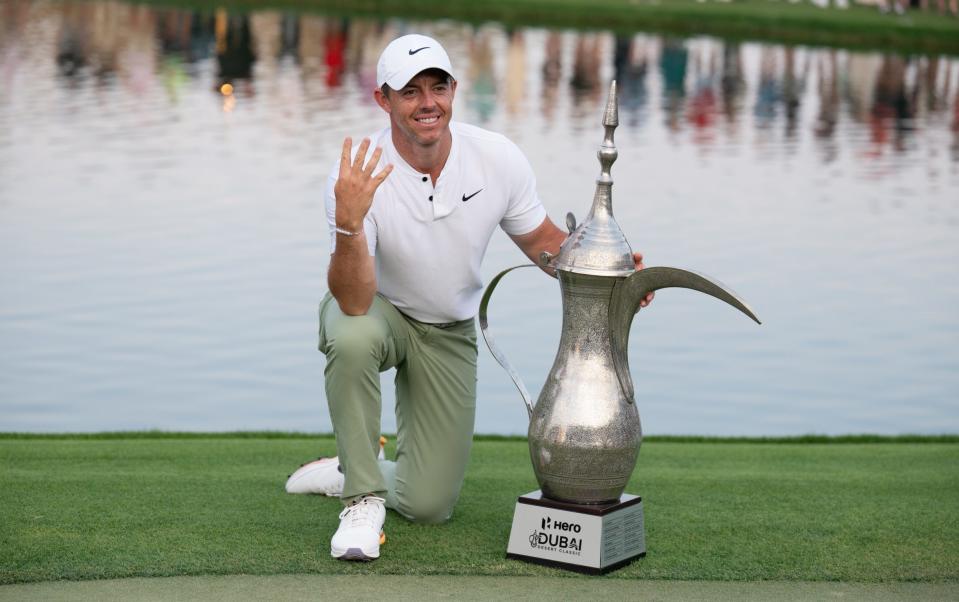 Northern Irish professional golfer Rory McIlroy wins the final match of the Hero Dubai Desert Classic 2024 Golf Tournament in Dubai, United Arab Emirates on January 21, 2024.