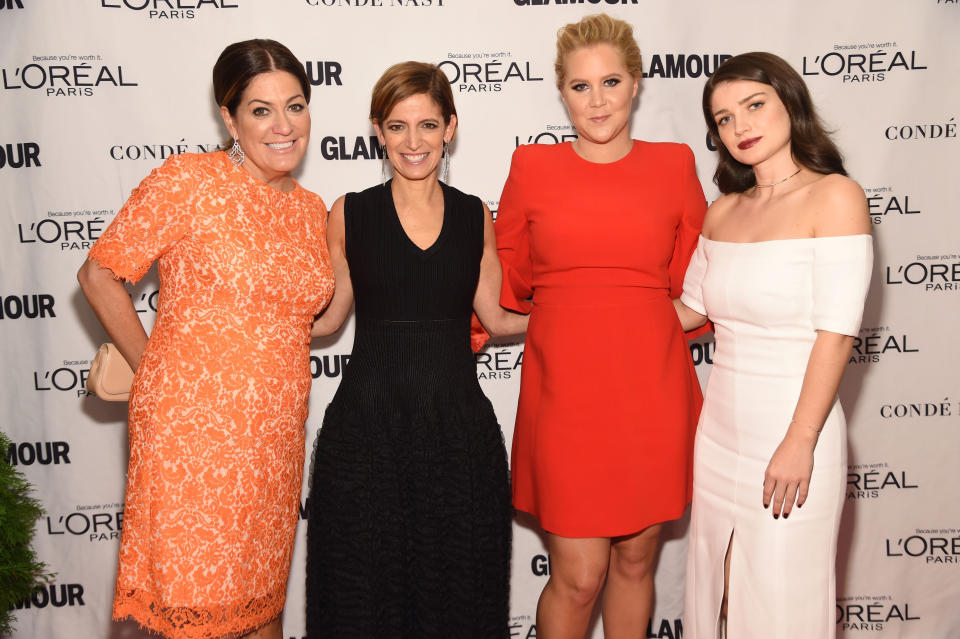 NEW YORK, NY - NOVEMBER 09: (L-R) GLAMOUR publisher Connie Anne Phillips, GLAMOUR editor-in-chief Cindi Leive, Comedian Amy Schumer, and actress Eve Hewson attend 2015 Glamour Women Of The Year Awards at Carnegie Hall on November 9, 2015 in New York City.  (Photo by Jamie McCarthy/Getty Images for Glamour)