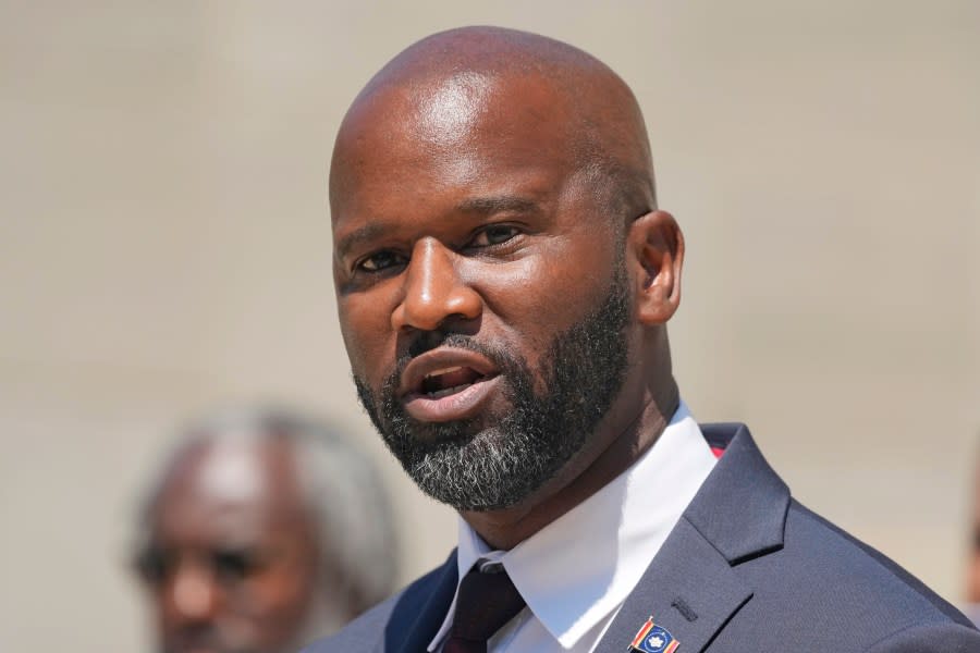 Attorney Ty Pinkins speaks at the Capitol in Jackson, Miss., about his becoming the new nominee of the Mississippi Democratic Party for secretary of state to replace a candidate who left the race because of health problems, Thursday, Sept. 7, 2023. (AP Photo/Rogelio V. Solis)