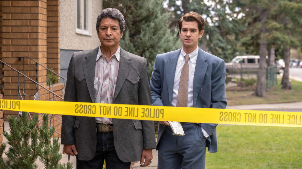 Andrew Garfield stars alongside Gil Birmingham in true crime drama series Under the Banner of Heaven. (Michelle Faye/FX/Disney)