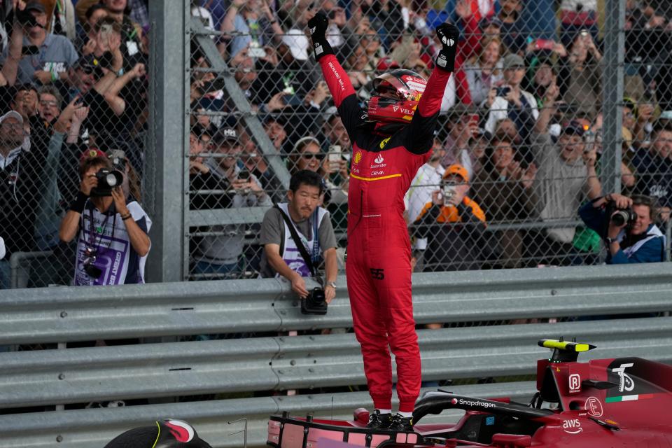 Ferrari driver Carlos Sainz of Spain celebrates (AP)