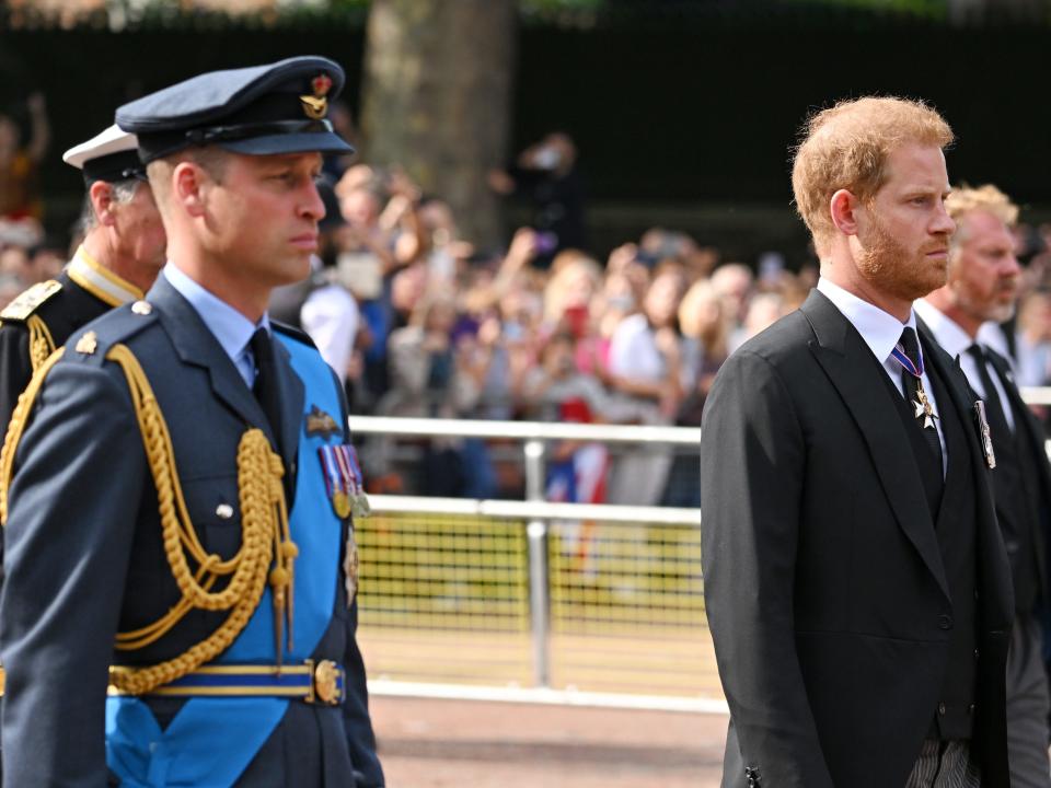 Prince William, Prince of Wales and Prince Harry, Duke of Sussex walk behind the coffin during the procession for the Lying-in State of Queen Elizabeth II.
