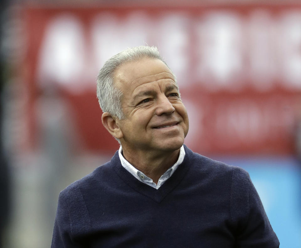 FILE - In this May 28, 2018, file photo, United States' Dave Sarachan smiles during an international friendly soccer match against Bolivia, in Chester, Pa. Former U.S. interim coach Dave Sarachan has been hired as coach of Puerto Rico's soccer team. The 66-year-old Sarachan will lead Puerto Rico in qualifying for the 2022 World Cup, the Puerto Rican Football Federation said Wednesday, Feb. 24, 2021. (AP Photo/Matt Slocum, File)