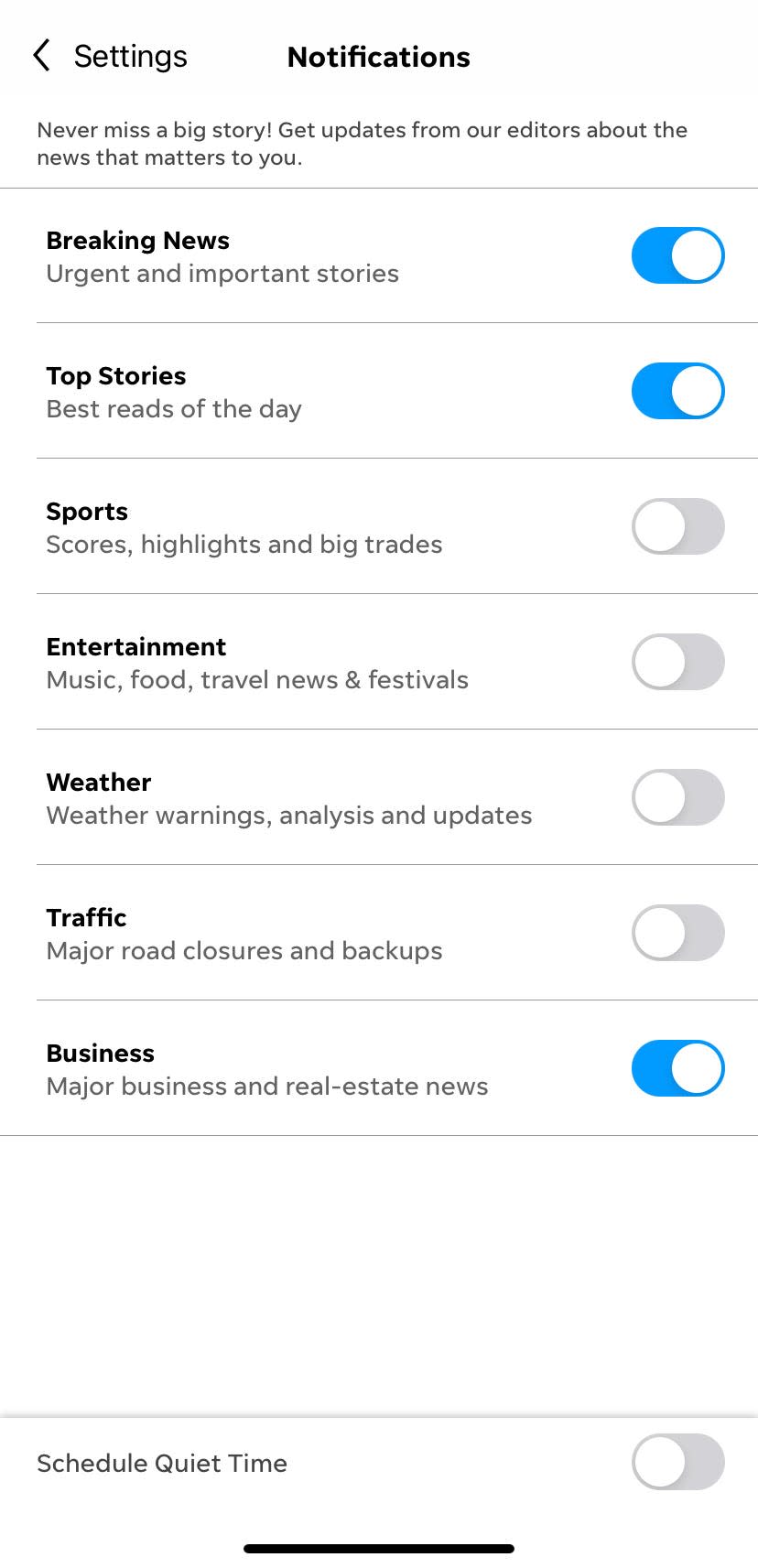 Under settings, users can choose how and when you get notifications, ranging from breaking news in your community to the top stories by subject matter.