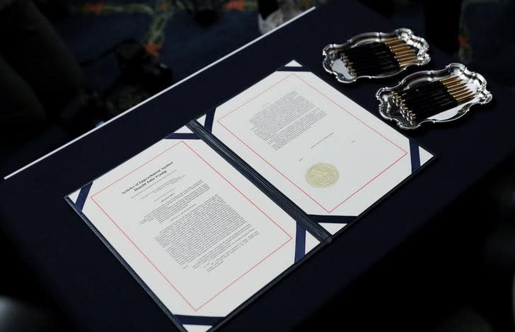 Articles of impeachment of President Trump await U.S. House Speaker Pelosi's signature before engrossment ceremony at the U.S. Capitol in Washington