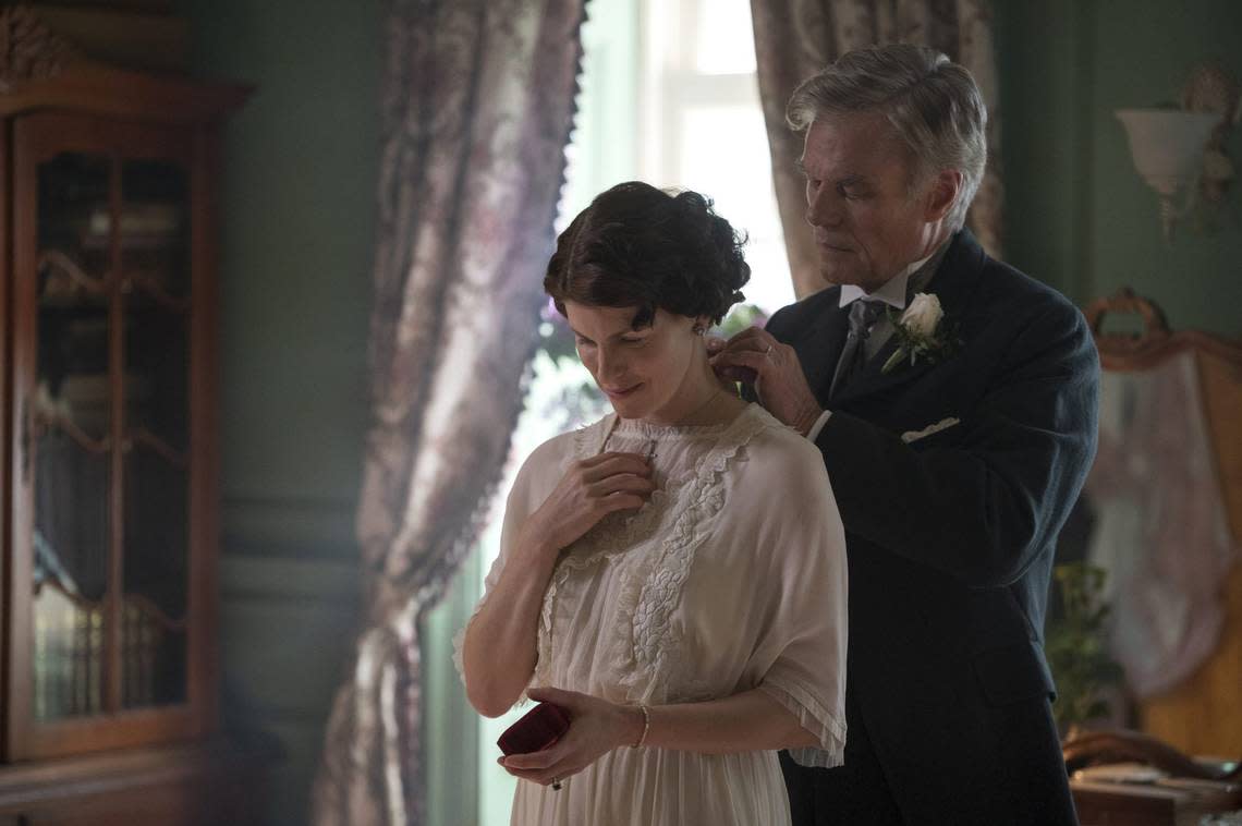 Jemima Rooper stars as Olivia Winfield Foxworth and Harry Hamlin as Mr. Winfield in the Lifetime limited series “Flowers in the Attic: The Origin.”