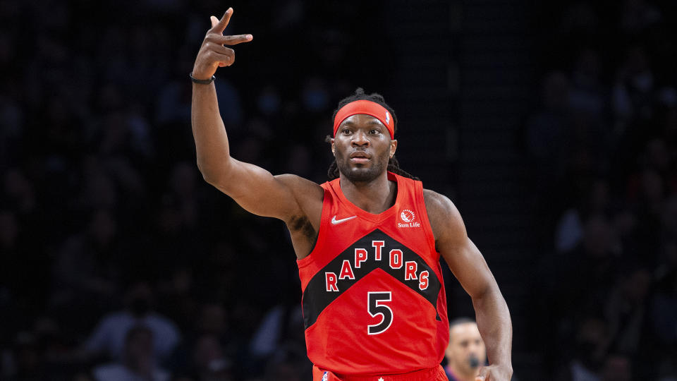 Precious Achiuwa's improved perimeter shooting has been extremely valuable for the Raptors lately. (Photo by Michelle Farsi/Getty Images)