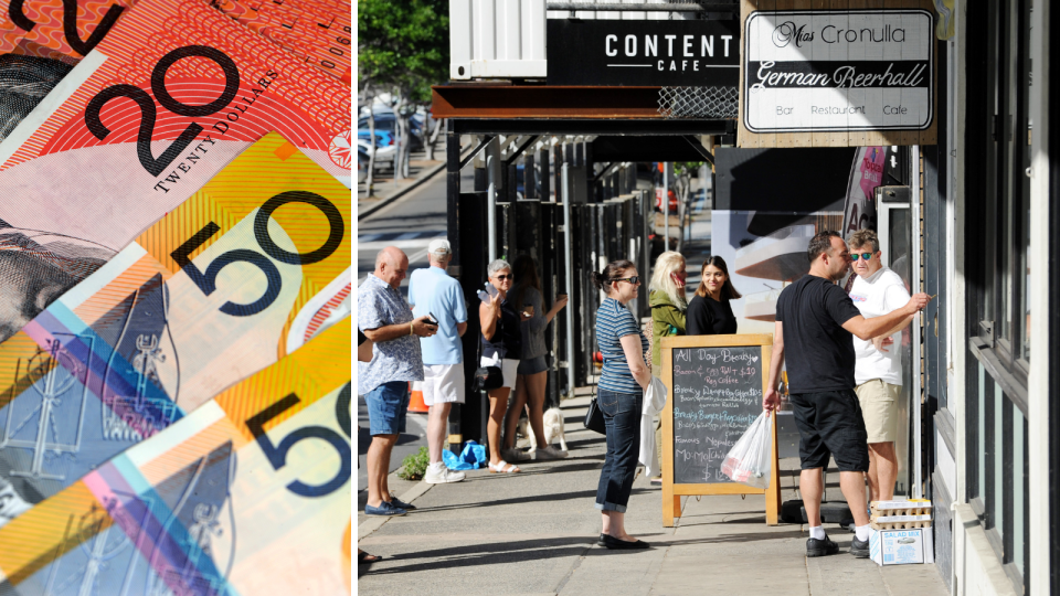 A composite image of Australian money and people standing at a coffee shop.