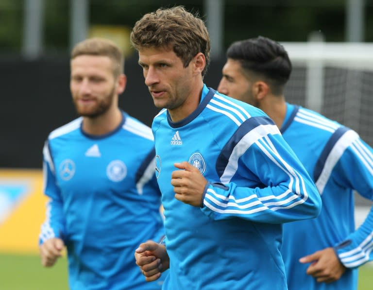 Thomas Mueller and the Germany team train in Frankfurt, Germany on September 1, 2015, prior to theeir Euro qualifying match against Poland on September 4, 2015