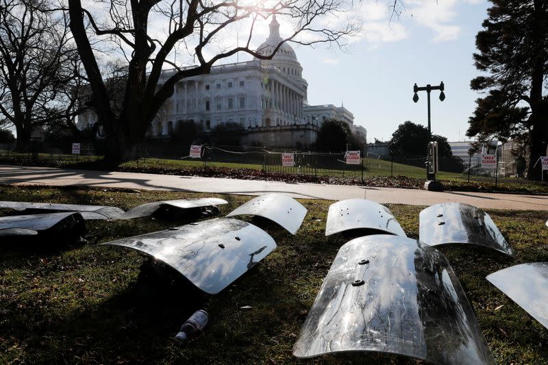 U.S. National Guard riot shields are laid out at the ready outside the U.S. Capitol Building