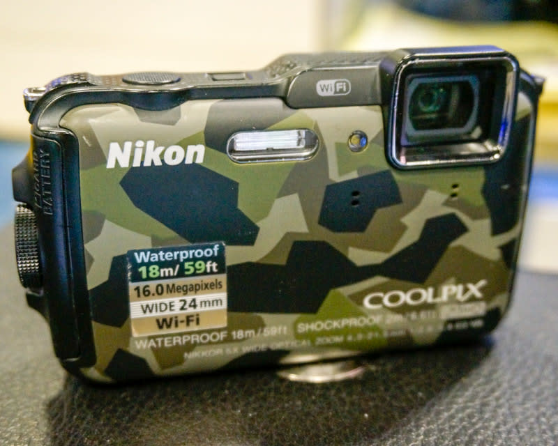 The Coolpix AW120 is another best buy at the Nikon booth this show. This 16-Megapixel waterproof camera is going for just $299, and it comes with a camera case, one 8GB SD card and one 16GB SD card. 