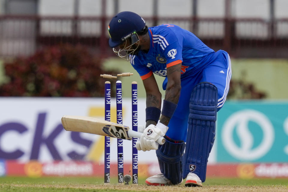 India's captain Hardik Pandya is bowled by West Indies' Alzarri Joseph during their second T20 cricket match at Providence Stadium in Georgetown, Guyana, Sunday, Aug. 6, 2023. (AP Photo/Ramon Espinosa)