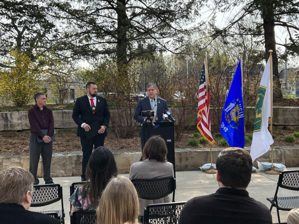 Waukesha County Executive Paul Farrow speaks during a press conference on Tuesday, May 10, in recognition of National Prevention Week.