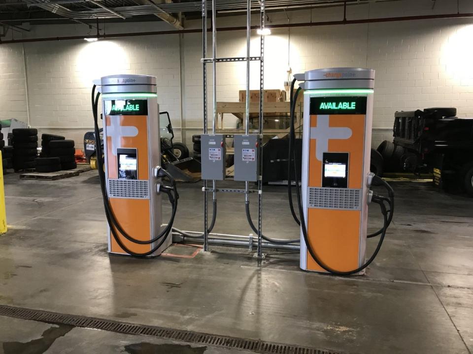 This electric bus charging station is at the GATRA headquarters in Taunton on Thursday, Sept. 22, 2022.