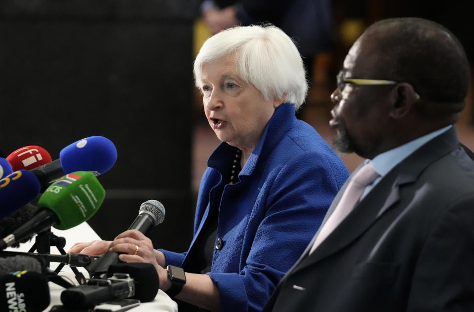 U.S. Treasury Secretary Janet Yellen, left, speaks as South Africa's Minister of Finance Enoch Godongwana listens, during their meeting at the National Treasury in Pretoria, South Africa, Thursday, Jan. 26, 2023. Yellen is on a 10-day tour of Africa, part of a push by the Biden administration to engage more with the world's second-largest continent. (AP Photo/Themba Hadebe)