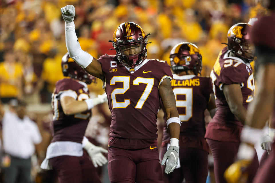 Aug. 31, 2023; Minneapolis; Minnesota Golden Gophers defensive back <a class="link " href="https://sports.yahoo.com/ncaaf/players/299619" data-i13n="sec:content-canvas;subsec:anchor_text;elm:context_link" data-ylk="slk:Tyler Nubin;sec:content-canvas;subsec:anchor_text;elm:context_link;itc:0">Tyler Nubin</a> (27) celebrates a stop against the Nebraska Cornhuskers during the fourth quarter at Huntington Bank Stadium. Matt Krohn-USA TODAY Sports