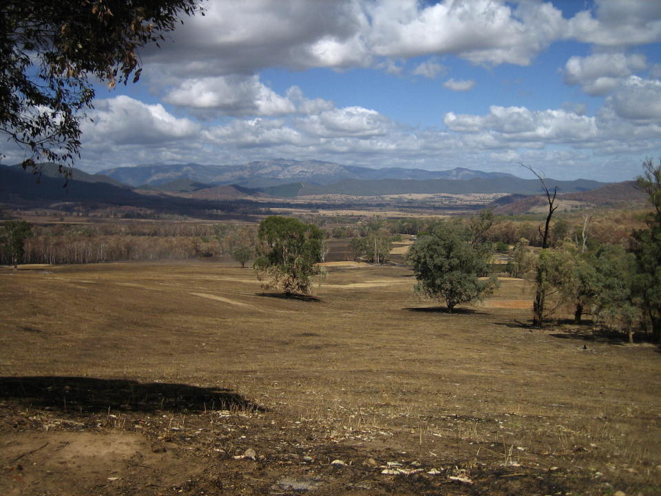 This 2009 photo provided by Sebastian Pfautsch shows a typical mix of burnt and unburnt landscape patches in Happy Valley with Mount Buffalo, Victoria, Australia in the background, following the Black Saturday bushfires. More frequent and intense wildfires in the country could have irreversible effects on the nation’s forests. (Sebastian Pfautsch via AP)