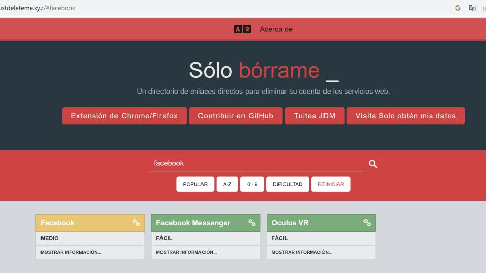 JustDeleteMe es una herramienta digital que permite dar de baja una cuenta de Facebook y otras 