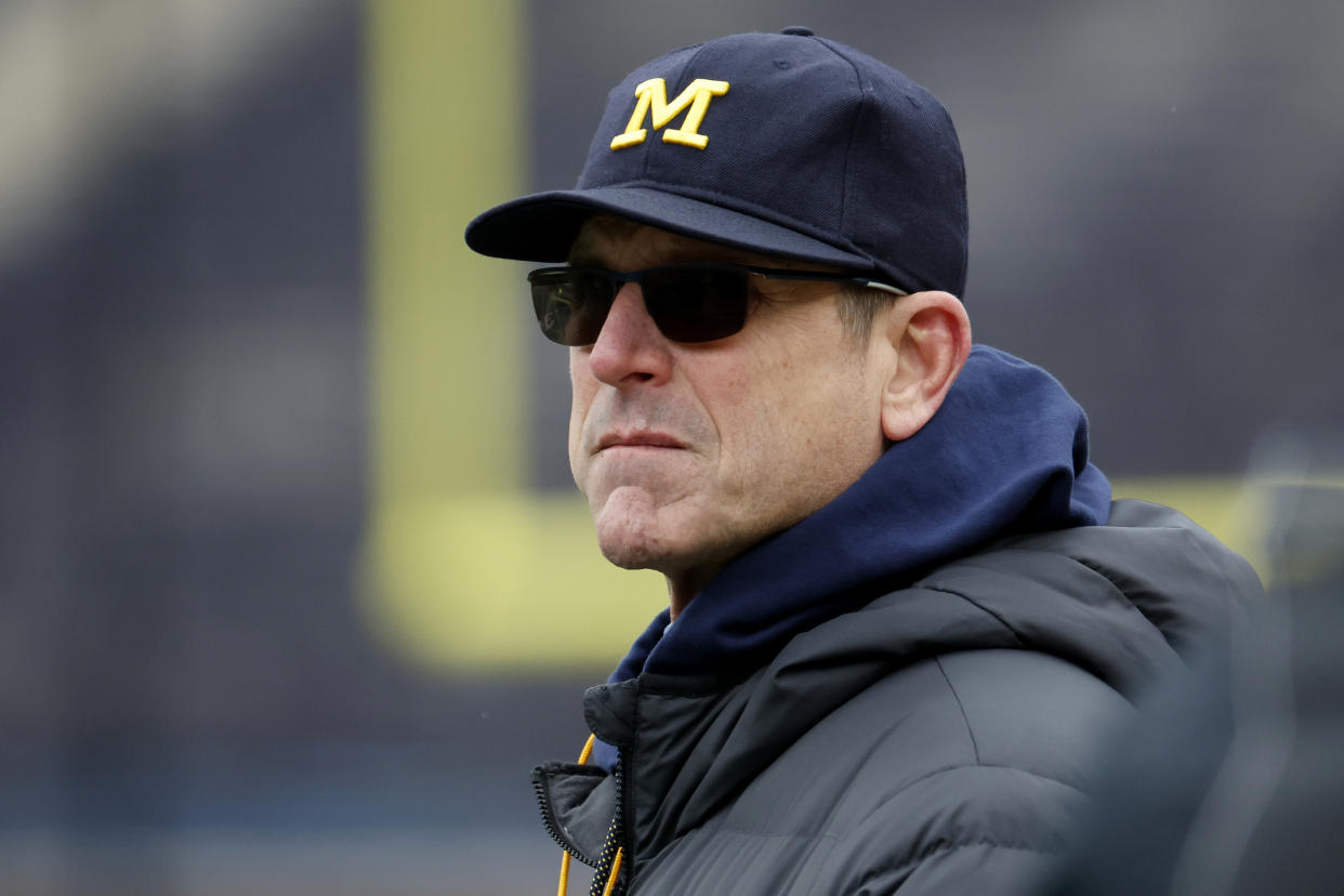 Apr 1, 2023; Ann Arbor, MI, USA; Michigan Wolverines head coach Jim Harbaugh on the sideline during the Spring Game at Michigan Stadium. Mandatory Credit: Rick Osentoski-USA TODAY Sports