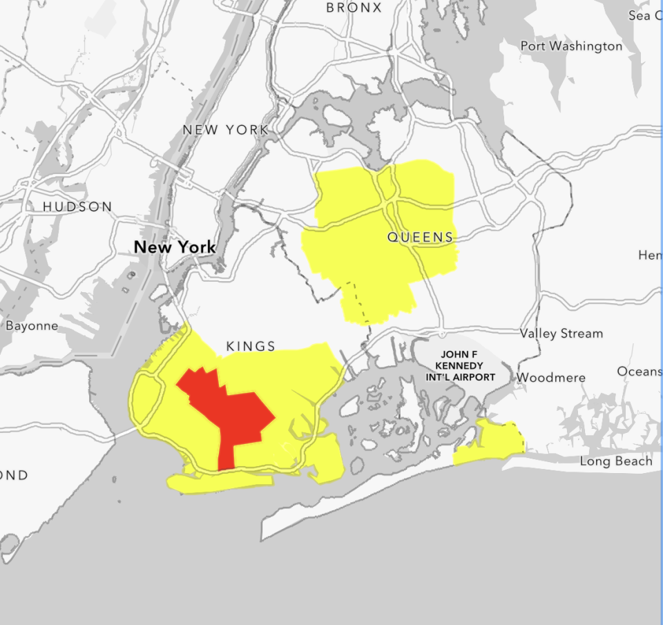 New York City’s “COVID-19 Zone Finder” shows areas under state-imposed “red” and “yellow” zones as of Wednesday. (NYC COVID-19 Zone Finder)