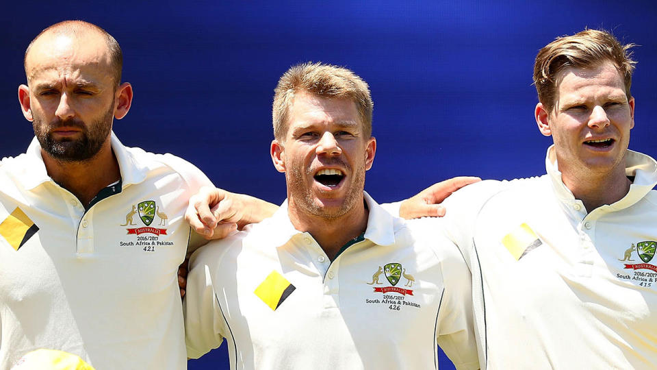 Nathan Lyon, David Warner and Steve Smith. (Photo by Ryan Pierse – CA/Cricket Australia/Getty Images)