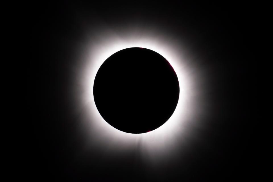 A total solar eclipse is seen from Little Elm, Texas on Monday, April 8, 2024.