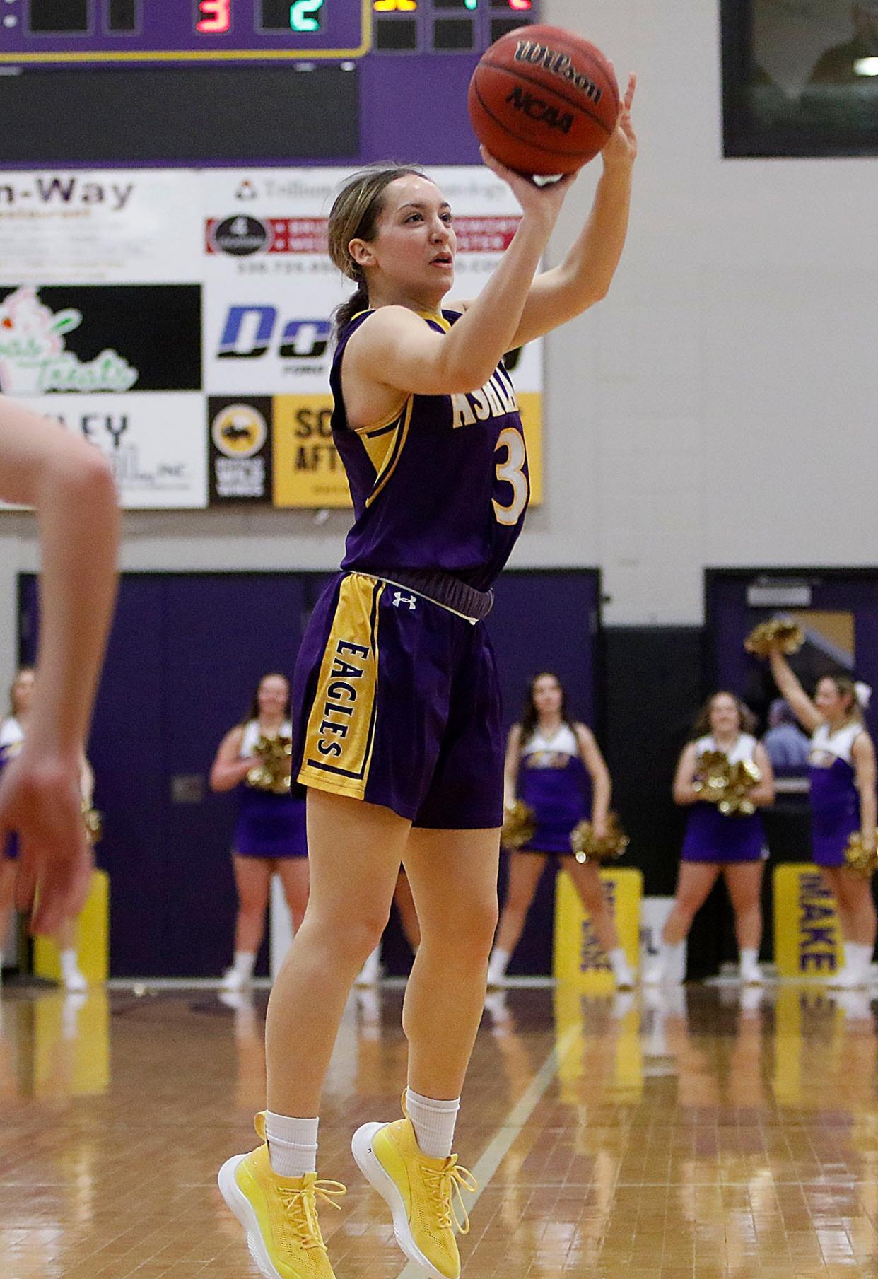 Ashland University's Morgan Yoder (3) shoots against Hillsdale College during their NCAA college women's basketball game Saturday, Feb. 26, 2022 at Kates Gymnasium. TOM E. PUSKAR/TIMES-GAZETTE.COM