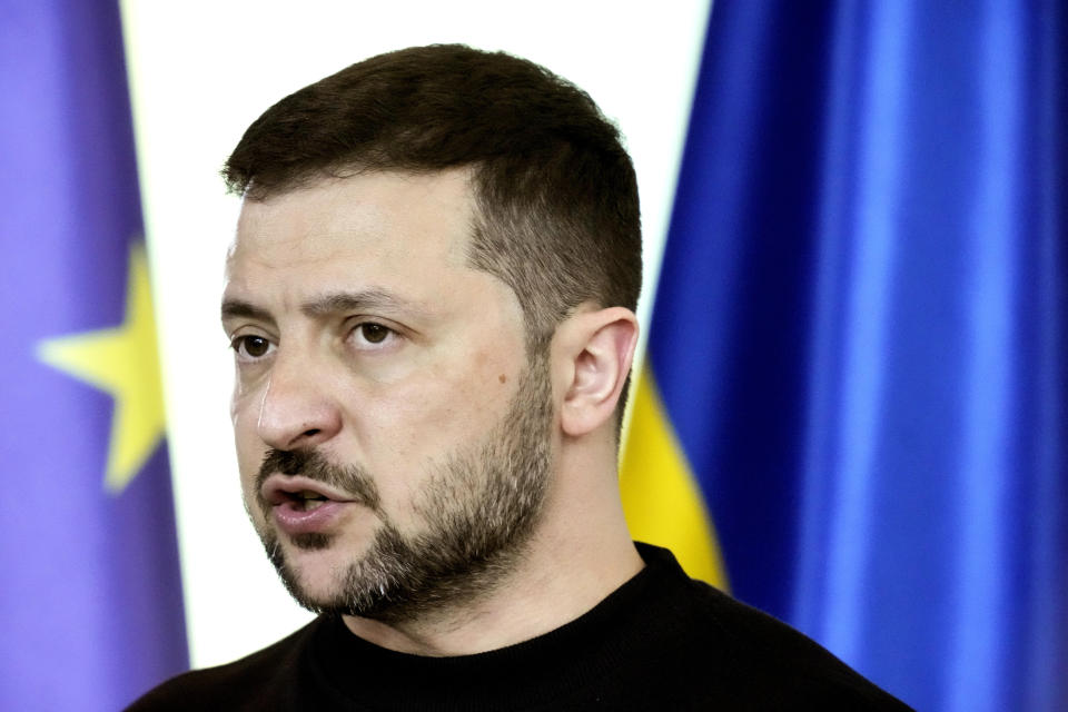 Ukraine's President Volodymyr Zelenskyy speaks during a media conference at the chancellery in Berlin, Germany, Sunday, May 14, 2023. Ukrainian President Volodymyr Zelenskyy arrived in Berlin early Sunday for talks with German leaders about further arms deliveries to help his country fend off the Russian invasion and rebuild what's been destroyed by more than a year of devastating conflict. (AP Photo/Markus Schreiber)