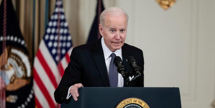President Joe Biden speaks to reporters at the White House on March 28, 2022.