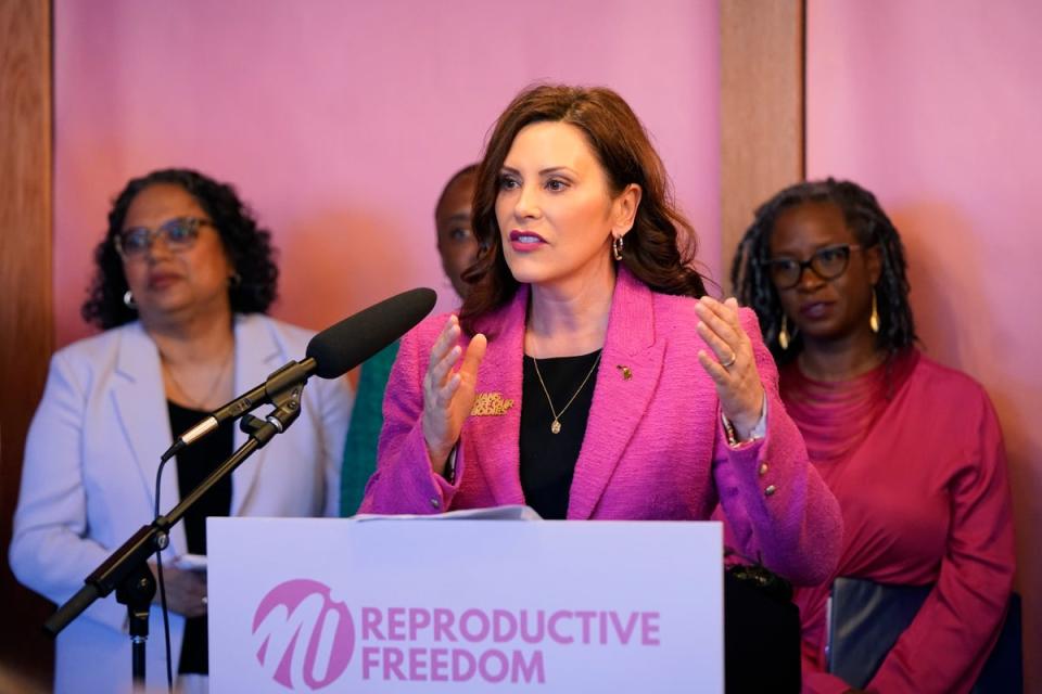 Whitmer speaking at Abortion Rights Michigan in 2023 (Associated Press)