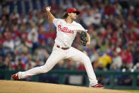 Philadelphia Phillies' Aaron Nola pitches during the second inning of a baseball game against the Pittsburgh Pirates, Tuesday, Sept. 26, 2023, in Philadelphia. (AP Photo/Matt Slocum)