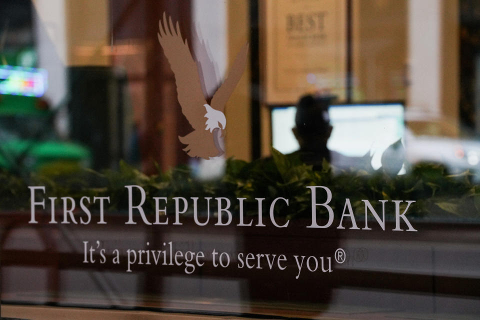 A view of the First Republic Bank logo at the Park Avenue location, in New York City, U.S., March 10, 2023. REUTERS/David 'Dee' Delgado