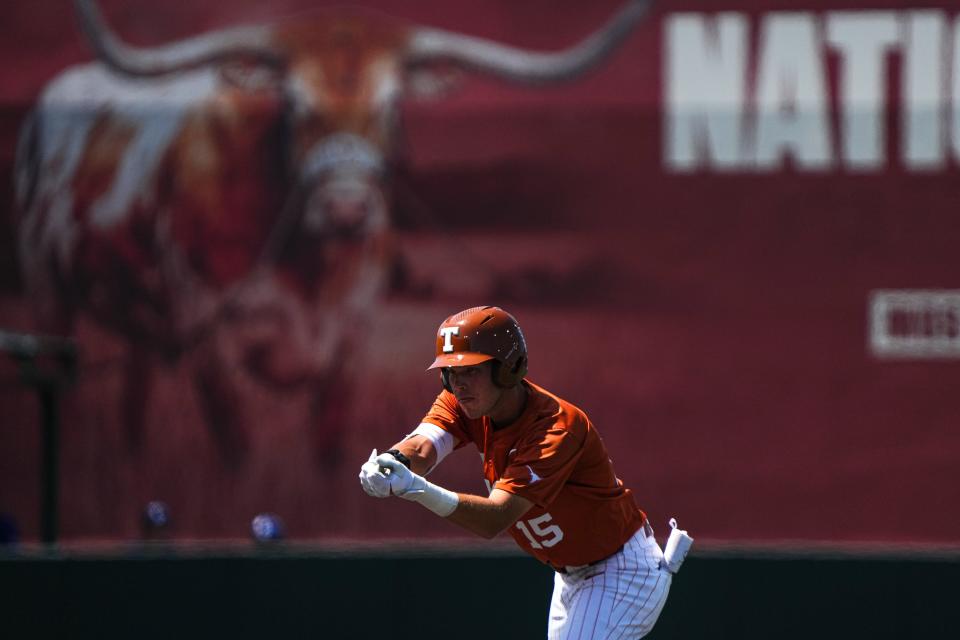 Texas Longhorns infielder Peyton Powell (15) celebrates a hit for a double during the game against Kansas at UFCU Disch–Falk Field on Saturday, May. 18, 2024 in Austin.