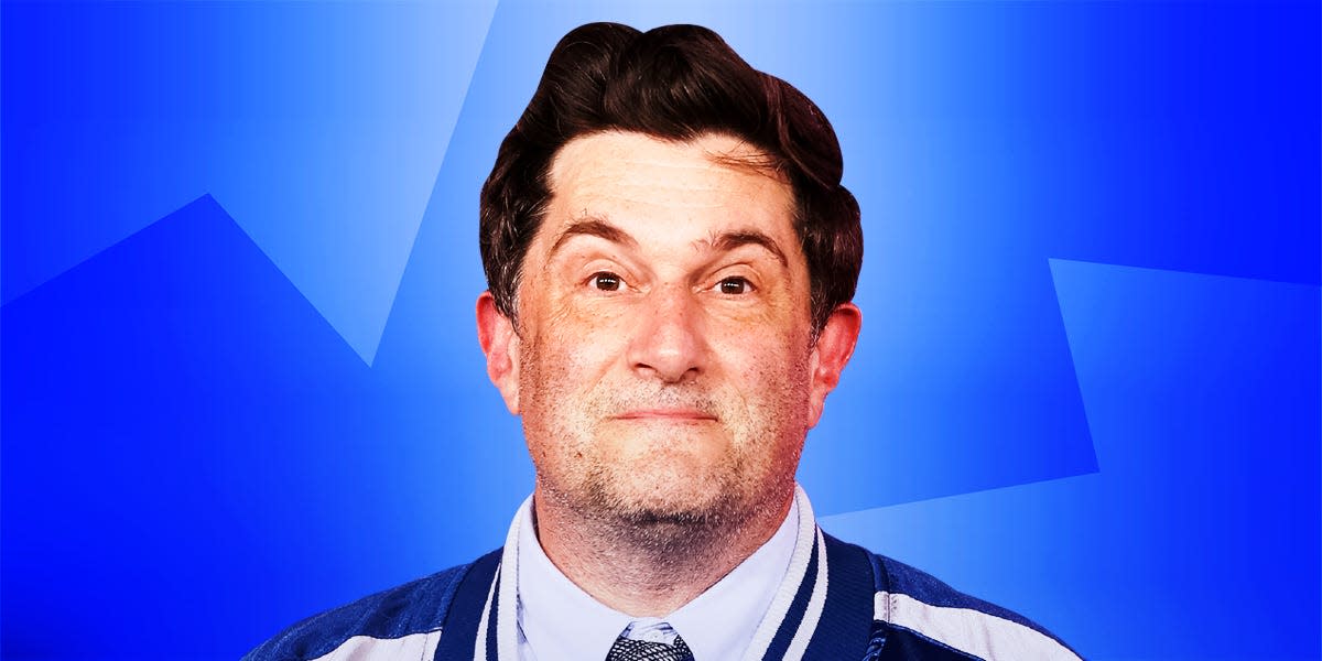 Michael Showalter American comedian, actor and director on a blue background