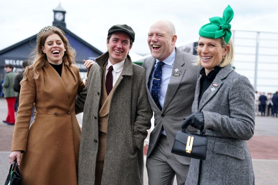 Princess Beatrice (left) with husband Edoardo Mapelli Mozzi, and Mike Tindall and Zara Tindall (right) on day three of the 2024 Cheltenham Festival at Cheltenham Racecourse (Adam Davy/PA Wire)