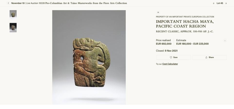 <div class="inline-image__caption"><p>A stone Mayan carving called “Hacha Maya” up for auction at Christie’s.</p></div> <div class="inline-image__credit">Christie’s</div>