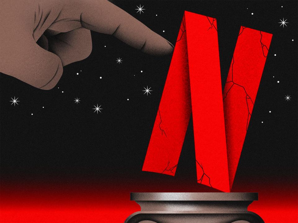 The Netflix logo crumbling and being pushed off it's pedestal