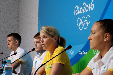 Kitty Chiller (2nd R), Chef de Mission for Australia at the Rio 2016 Olympic Games, leads a news conference with boxers (L-R) James Whateley, Daniel Lewis, and Shelley Watts, in which she described the problems that her country's delegation encountered with the athletes' housing in Rio de Janeiro, July 25, 2016. REUTERS/Rickey Rogers