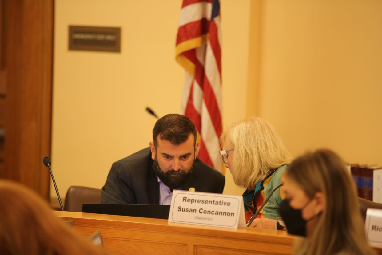 Rep. Jarrod Ousley, D-Merriam, left, confers with Rep. Susan Concannon, R-Beloit, during a September meeting of the Joint Committee on Child Welfare System Oversight. The committee outlined legislative priorities last week.
