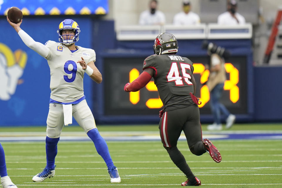 Matthew Stafford and the Rams outclassed the defending champion Buccaneers on Sunday, announcing themselves as Super Bowl contenders in the process. (AP Photo/Jae C. Hong)