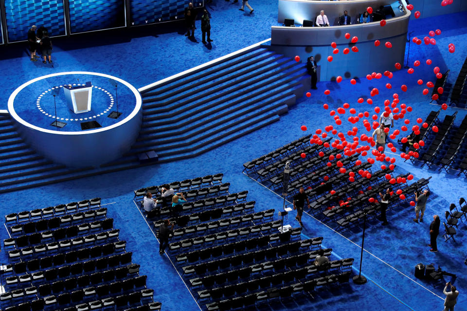 Balloons fall from the ceiling as preparations continue ahead of the 2016 Democratic National Convention in Philadelphia.