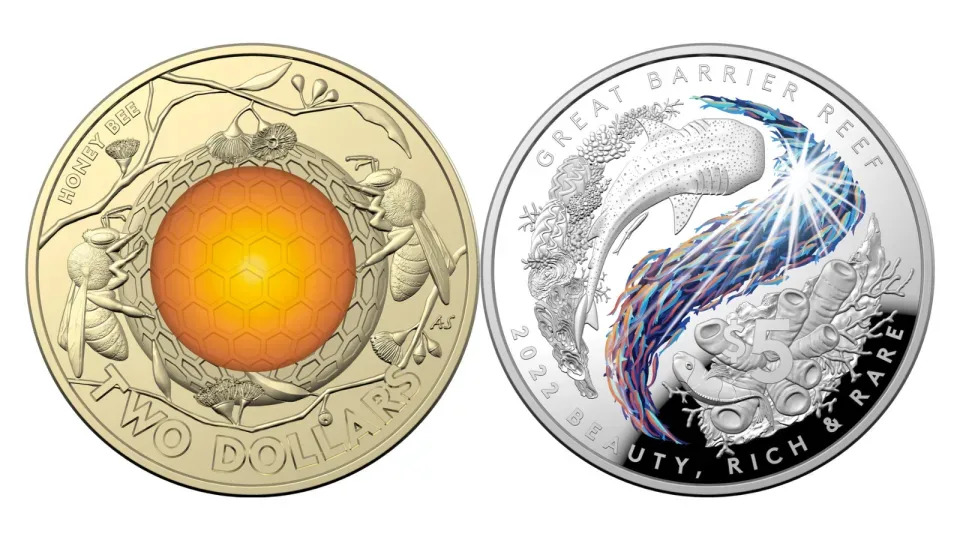 The honeybee coin and Great Barrier Reef coin 