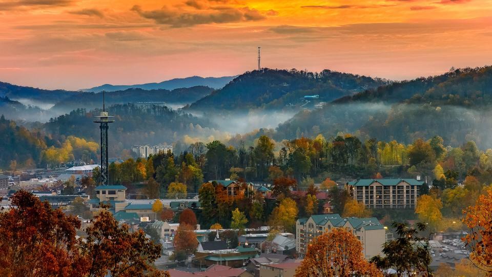 Sunrise over Gatlinburg skyline in Tennessee
